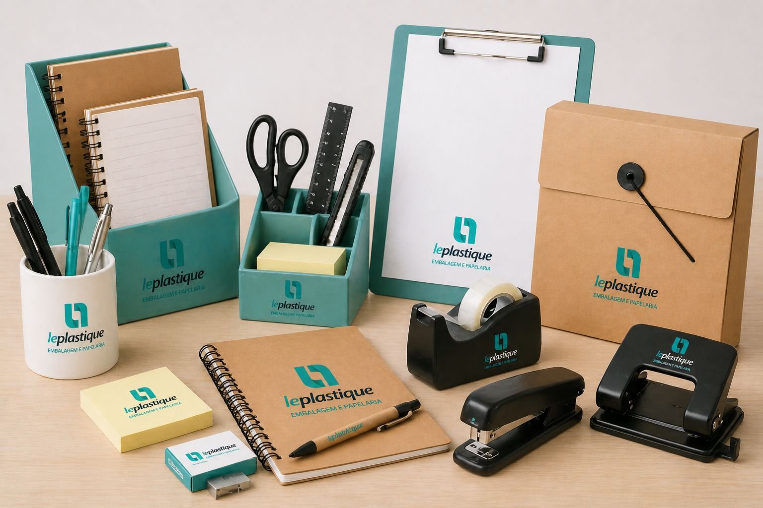 papelaria para operações com materiais de escritório como cadernos, grampeador, canetas e organizadores com logo da Le Plastique