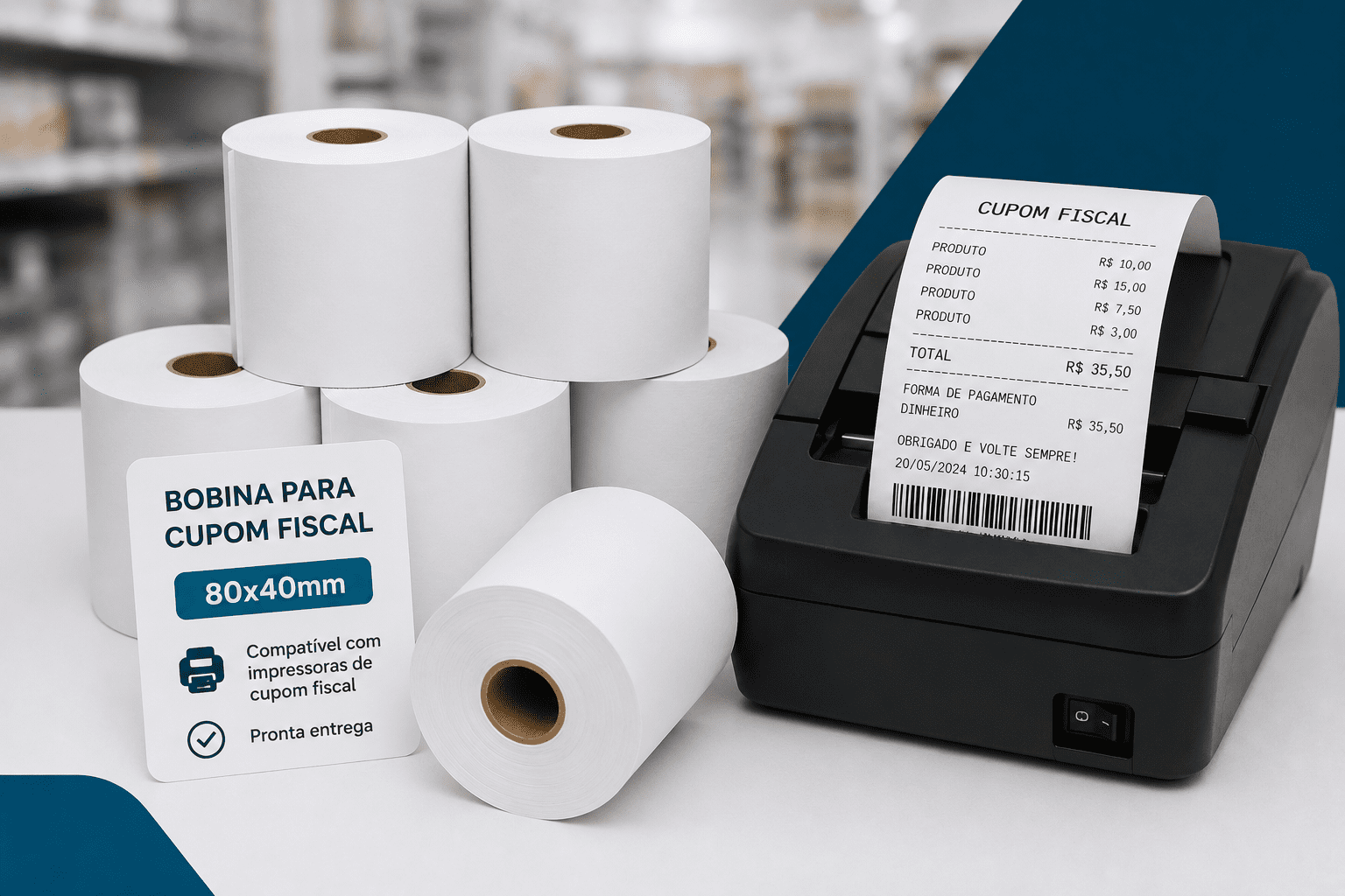 Bobinas para cupom fiscal 80x40mm utilizadas em impressoras térmicas para emissão de comprovantes e cupons fiscais