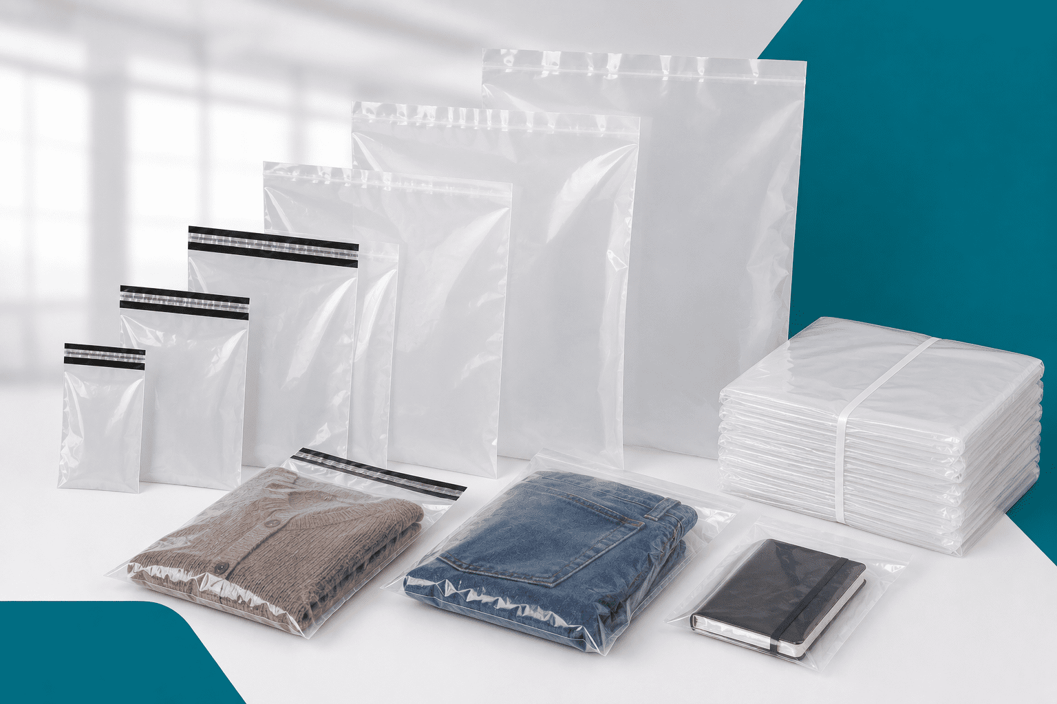 Embalagens plásticas transparentes PEBD em diferentes tamanhos utilizadas para proteção e organização de produtos