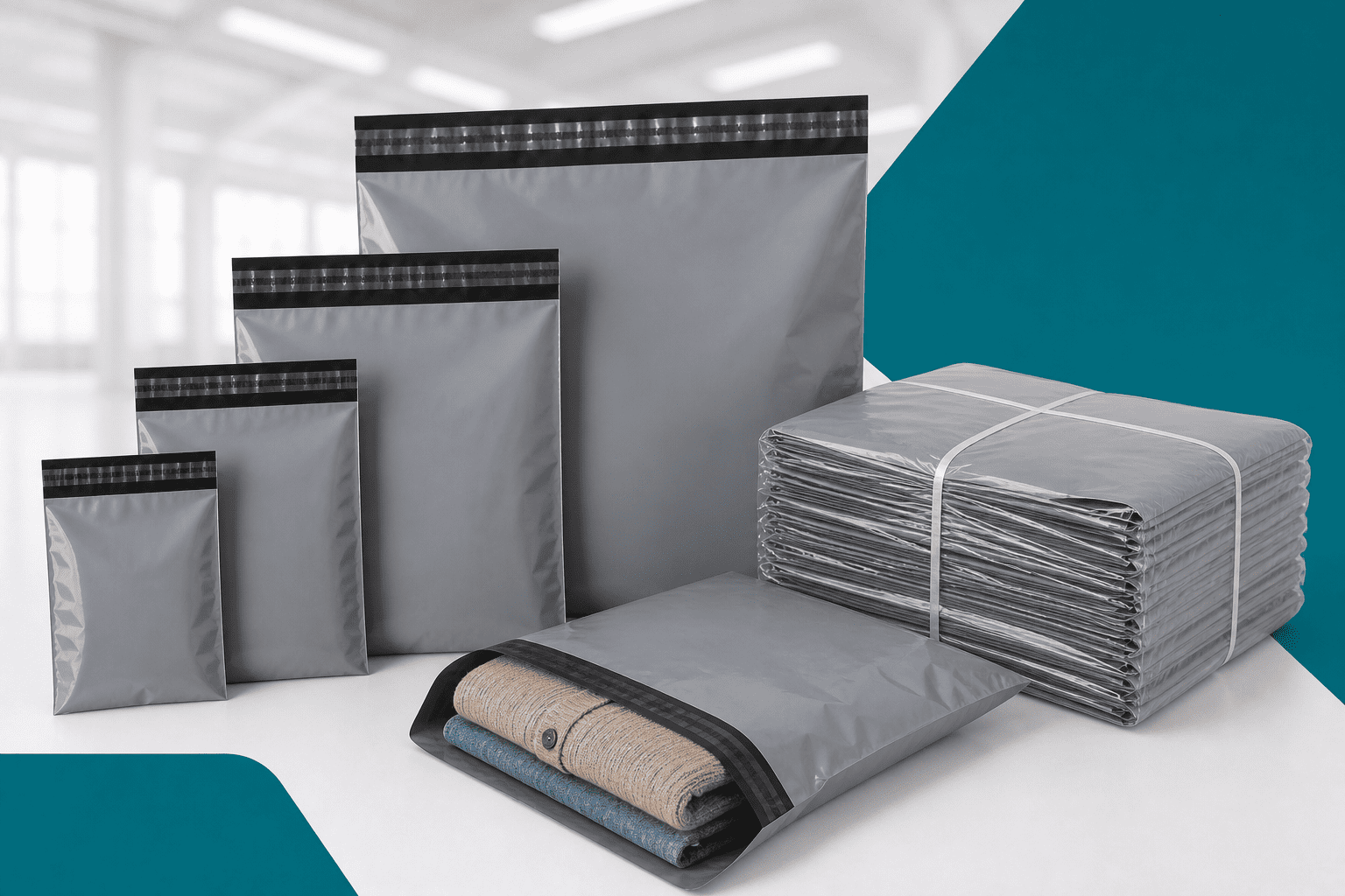 Envelopes plásticos cinza com fita adesiva em diferentes tamanhos utilizados para envio de roupas e produtos têxteis