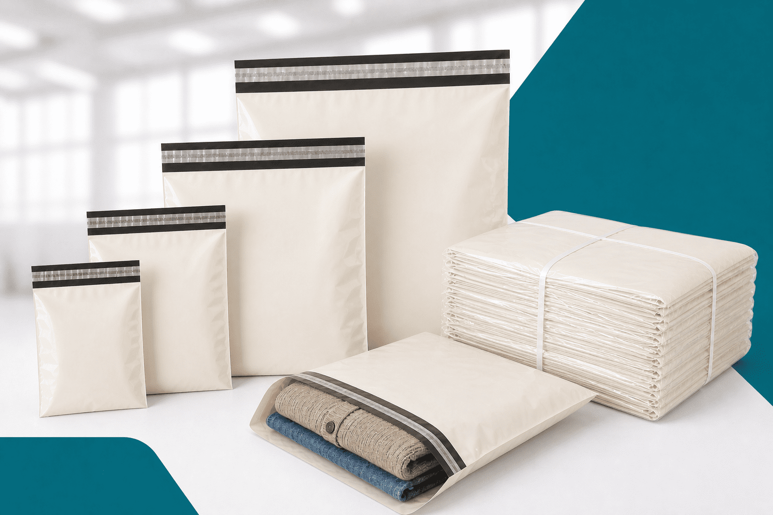 Envelopes plásticos off-white com fita adesiva em diferentes tamanhos para envio de roupas e produtos de e-commerce