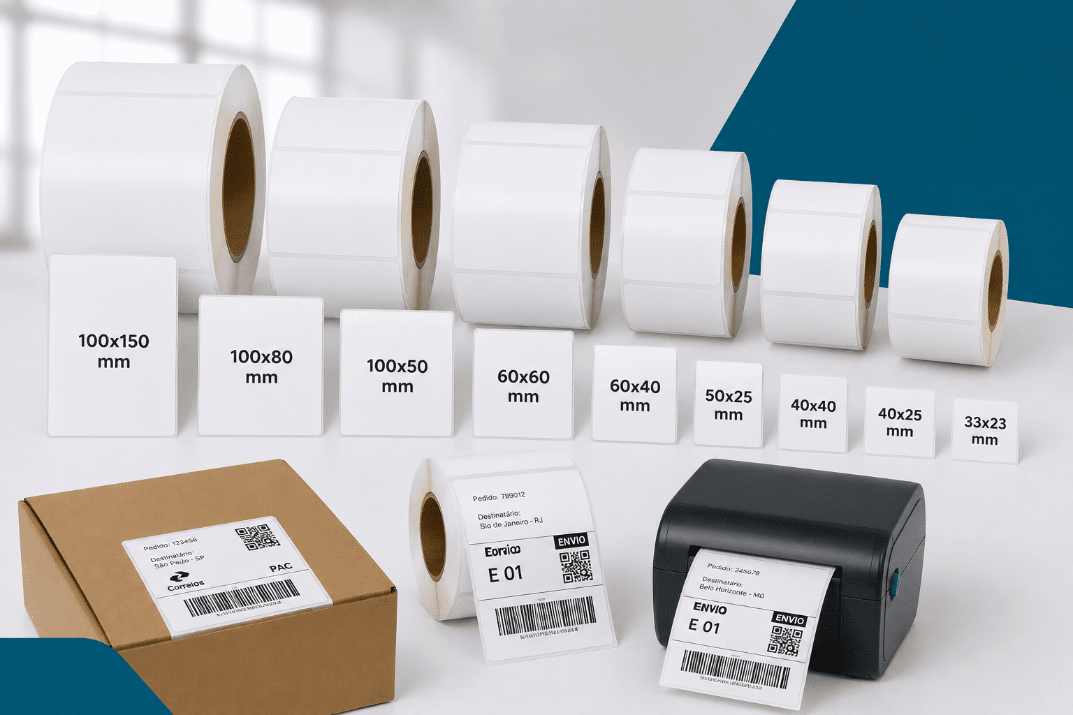 Etiquetas térmicas em diferentes tamanhos para impressão de pedidos, rastreamento e identificação de produtos em e-commerce
