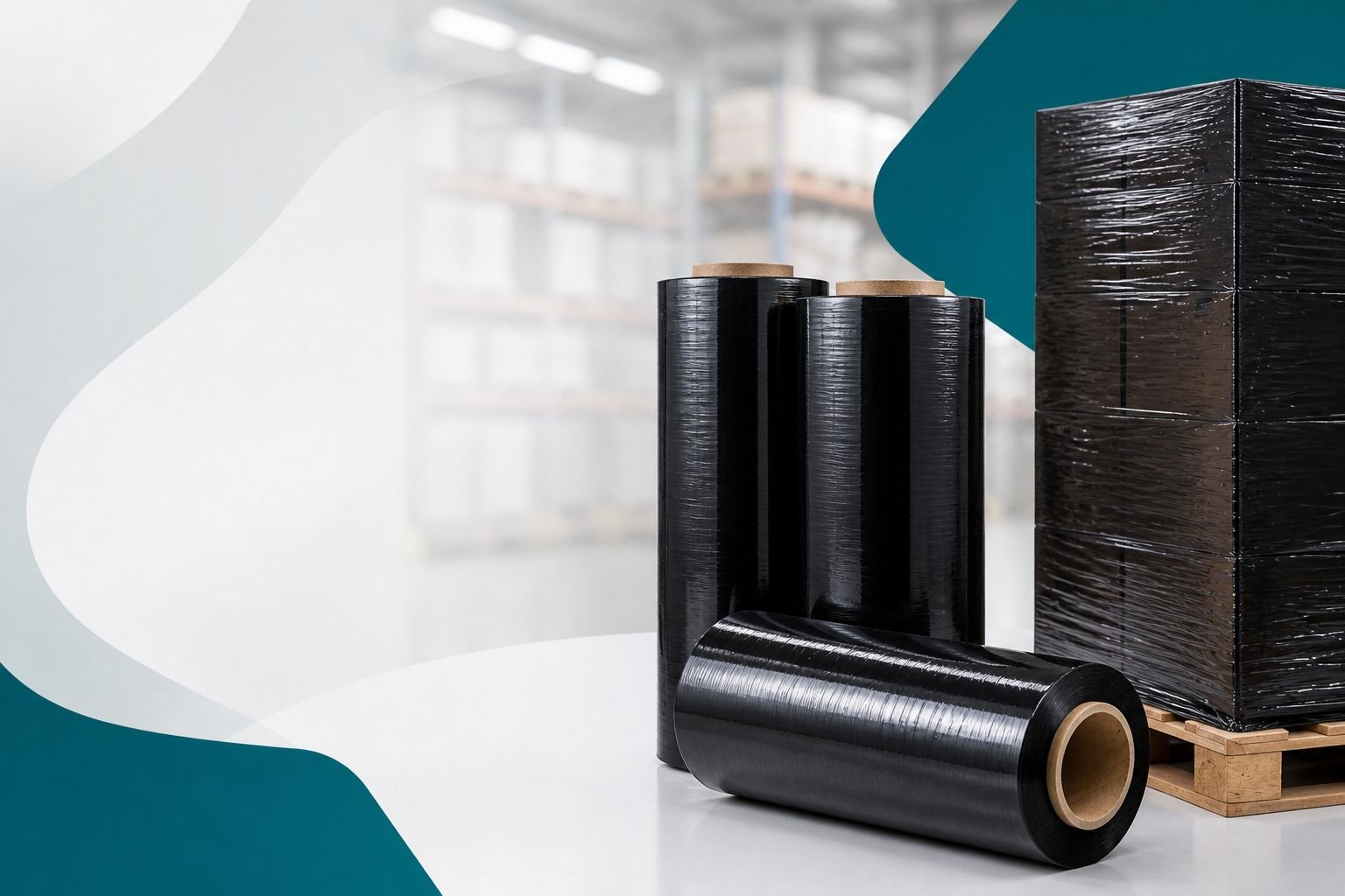 Filme stretch preto em bobinas ao lado de pallet embalado com caixas para proteção, logística e transporte de cargas.