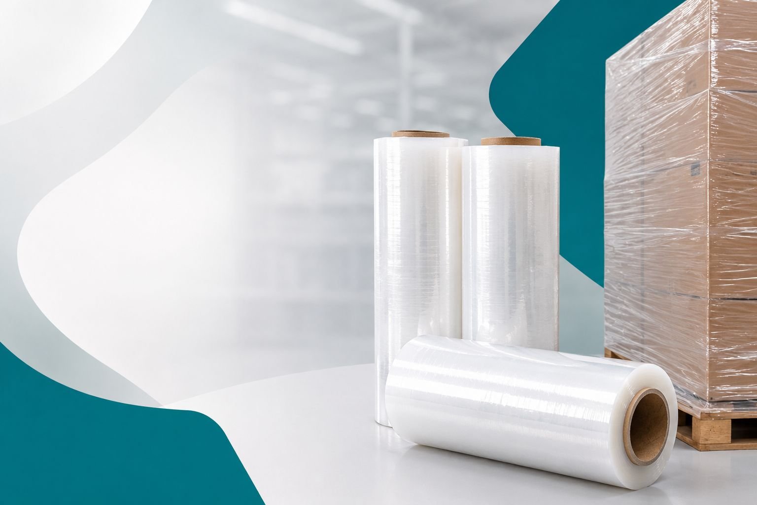 Filme stretch transparente em bobinas ao lado de pallet embalado com caixas para logística, transporte e paletização.