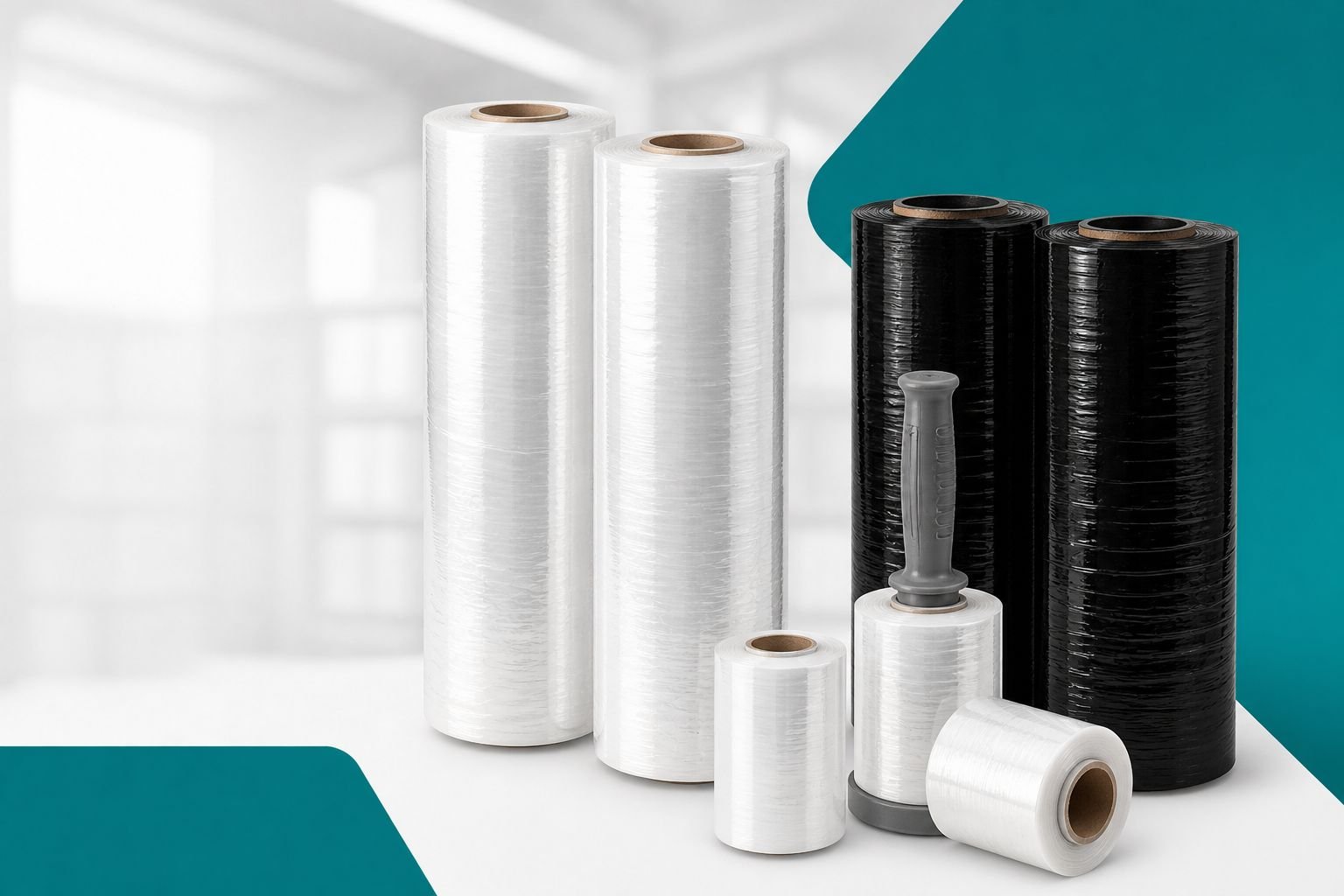 Bobinas de filme stretch transparente e preto com mini filme e aplicador para proteção de cargas.