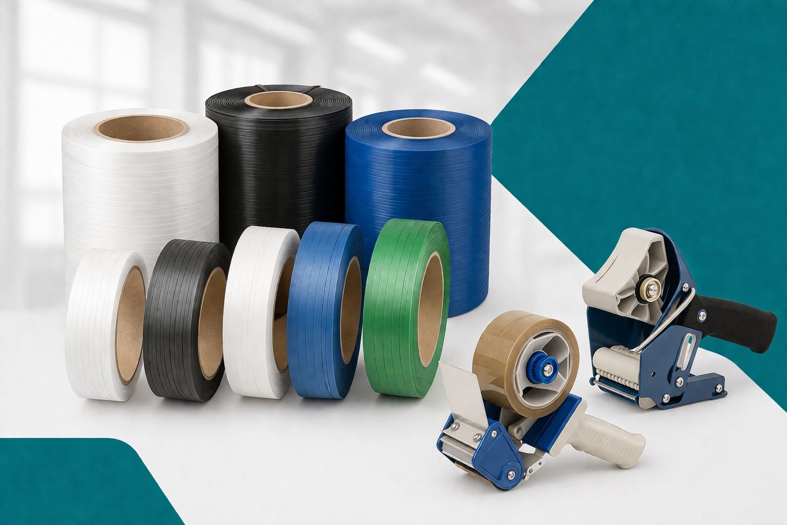 Fitilho plástico em diferentes cores e aplicadores de fita utilizados para fechamento e amarração de embalagens
