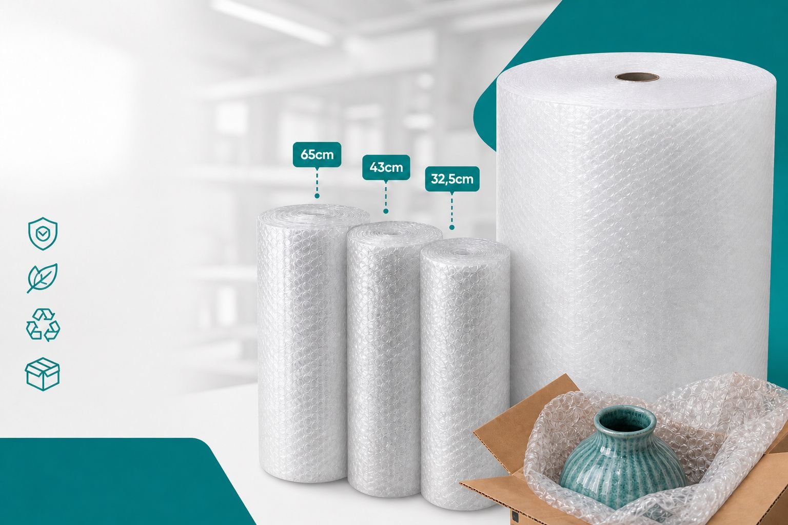 Bobinas de plástico bolha em diferentes tamanhos utilizadas para proteção de produtos frágeis em embalagens