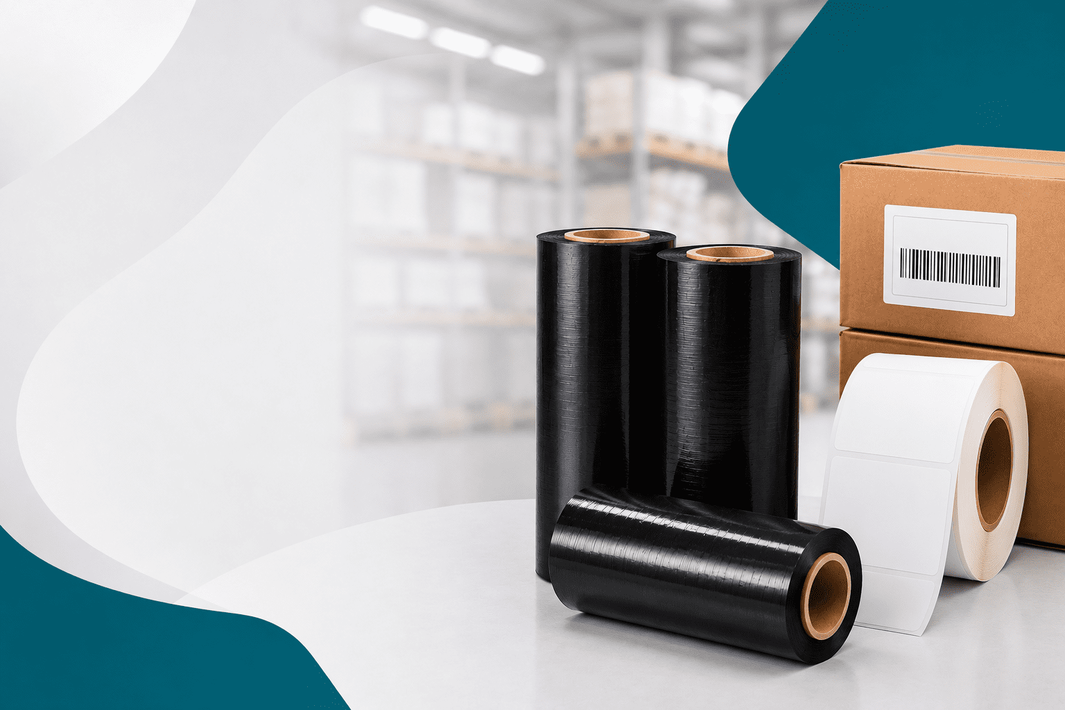 Ribbon de cera para impressão em etiquetas de papel ao lado de caixas etiquetadas em ambiente moderno de logística e expedição.