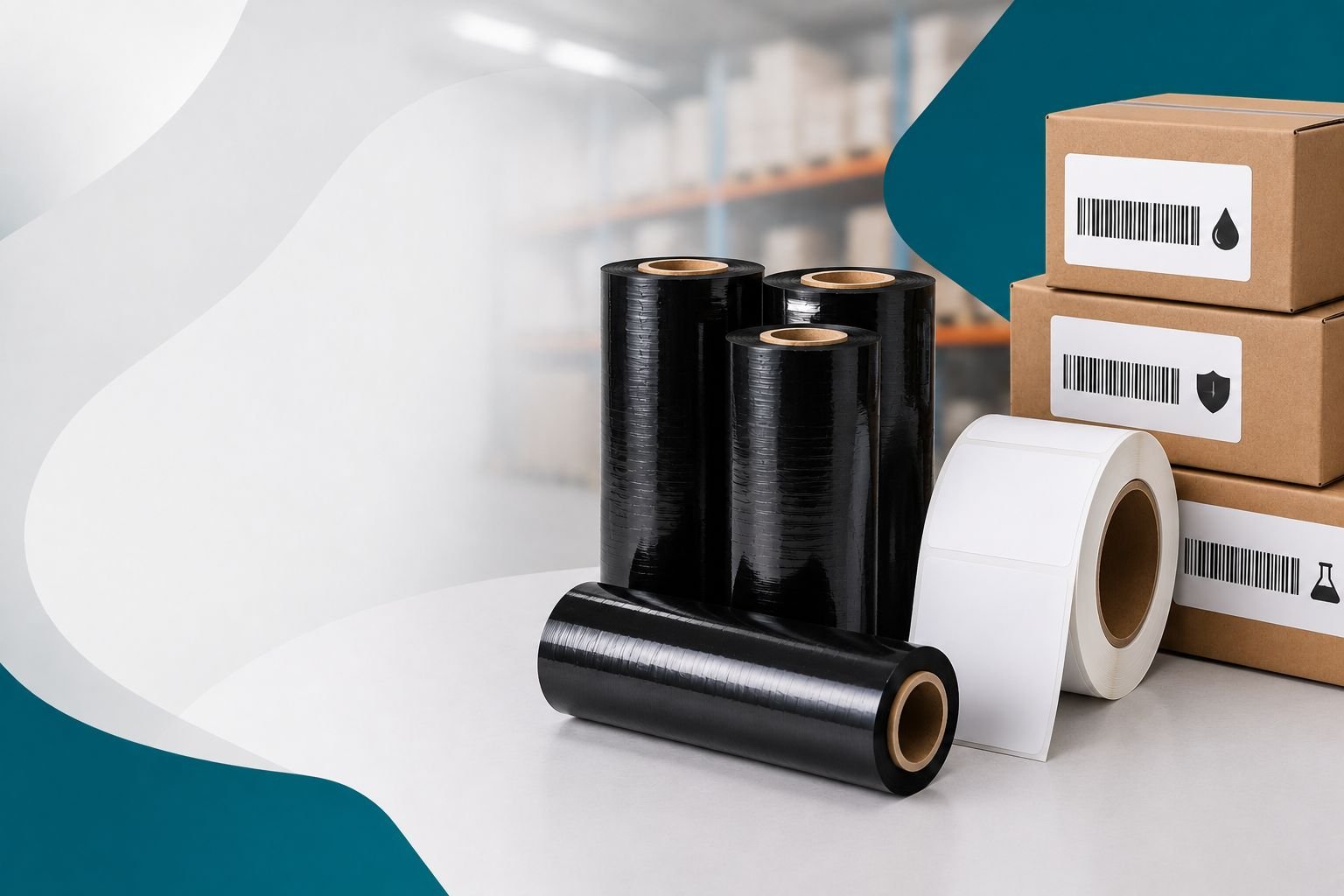 Ribbon de resina para impressão de etiquetas resistentes ao lado de caixas etiquetadas em ambiente de logística e armazenamento.