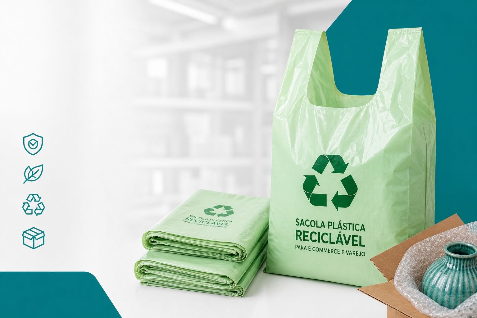 Sacola plástica reciclável verde para e-commerce e varejo em ambiente moderno, com embalagens empilhadas e caixa de envio ao lado.