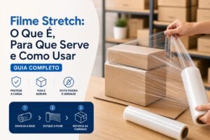 Filme stretch sendo usado para envolver, proteger e agrupar caixas durante o transporte e armazenamento.