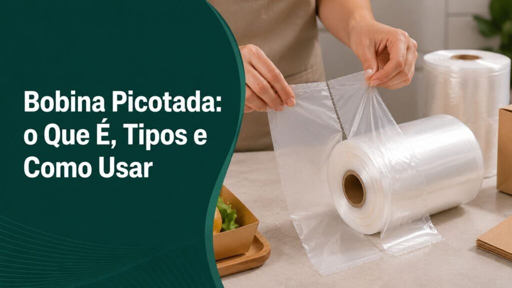 Bobina picotada de sacos plásticos transparentes sendo destacada para uso em embalagens.